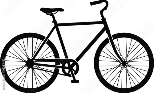 Minimal bicycle silhouette side view, classic bike solid black icon isolated on white
