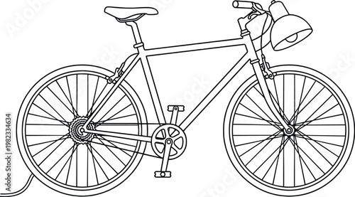 Minimal bicycle with front lamp outline, detailed bike line icon with light isolated on white