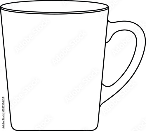 Minimal coffee mug outline side view, cup with handle line icon isolated on white