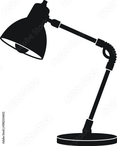 Minimal desk lamp silhouette side view, adjustable table light solid black icon