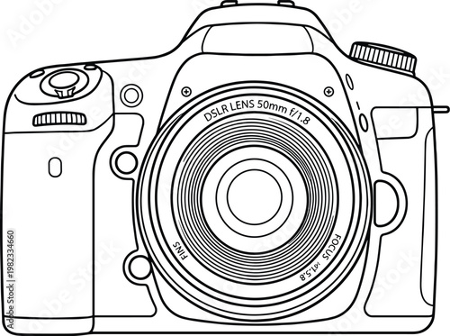 Minimal DSLR camera outline front view, professional photography camera line icon