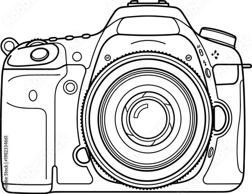 Minimal DSLR camera outline front view with large lens, photography device line icon
