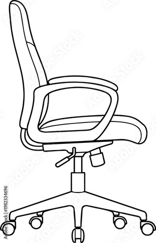 Minimal office chair outline side view, ergonomic swivel chair line icon isolated