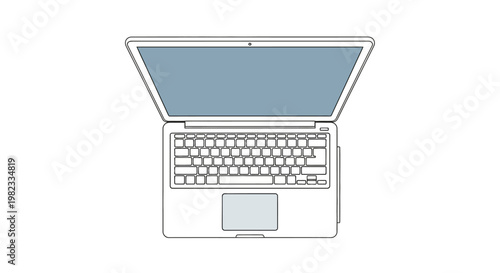 Modern laptop computer top view with empty screen and isolated on white