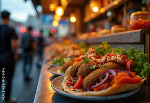 Street Food Counter Scene with Falafel Wrap Tahini Sauce Urban Vibe Quick Bites