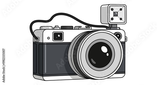 Vintage camera illustration monochrome imagery with flash and lens detail