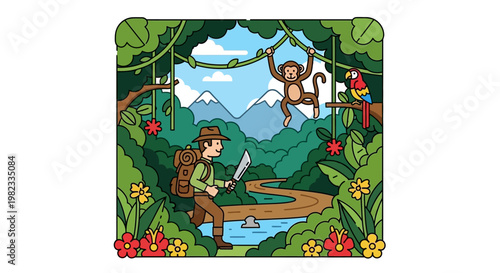 Adventurer explores jungle with monkey and parrot in vector illustration