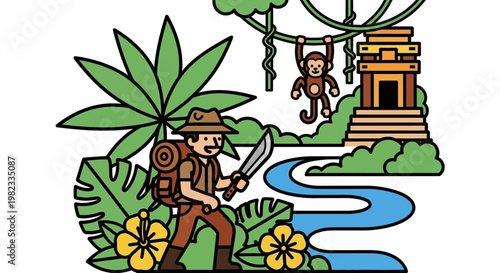 Adventurer explores jungle scene with monkey and ancient temple illustration