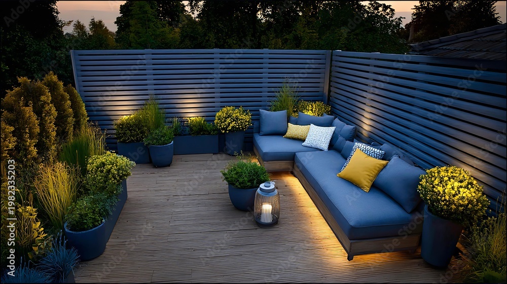 Obraz premium Sunlight bathes a modern garden patio at dusk.