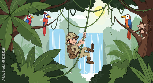 Adventurer swinging over crocodiles in a jungle with colorful parrots