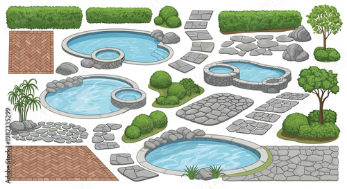 Collection of various swimming pool designs and landscaping elements