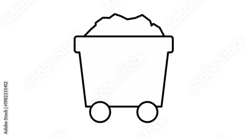Black line vector icon of a mine cart filled with coal or ore, isolated on a white background. Minimalist mining trolley illustration for industry, resource extraction, and energy concepts.