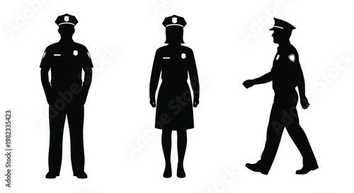 Silhouettes of three uniformed police officers in various standing and walking poses
