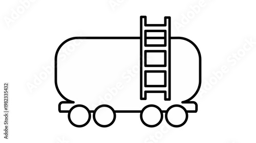 Black outline vector icon of a railway tank car or cistern wagon for transporting liquids like oil or gas, featuring a ladder and wheels, minimalist illustration for logistics and industrial use.