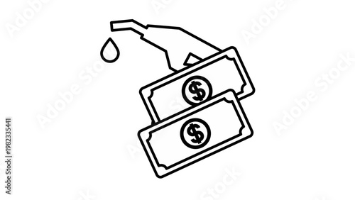 Minimalist vector icon of a gas pump nozzle with dollar bills and a fuel drop, representing high gasoline prices, oil industry economics, expensive energy costs, and inflation symbol.