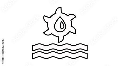 Photos Hydroelectric power energy vector icon illustration featuring a water turbine wheel with a droplet symbol above wavy river water lines, representing renewable green energy and sustainability