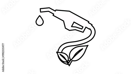 Minimalist black vector icon illustration of a gas pump nozzle with a drop of liquid and a hose morphing into plant leaves, symbolizing biofuel, green energy, and sustainable fuel solutions.