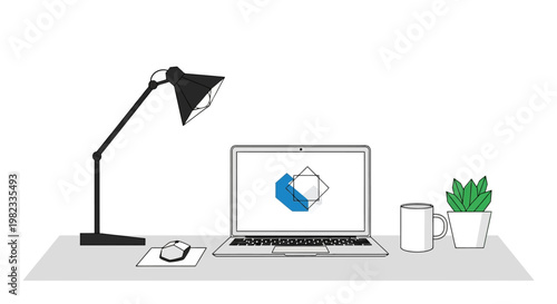 Modern workspace illustration with laptop desk lamp and coffee mug concept