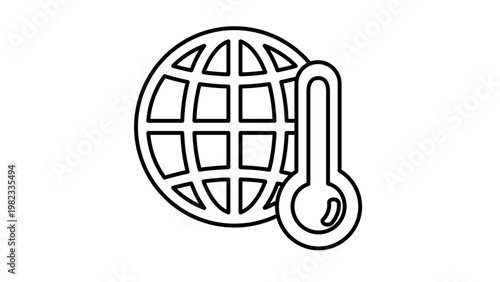 Minimalist black vector icon illustration of a globe with a thermometer, symbolizing global warming, climate change, rising temperatures, environmental crisis, and ecological impact.