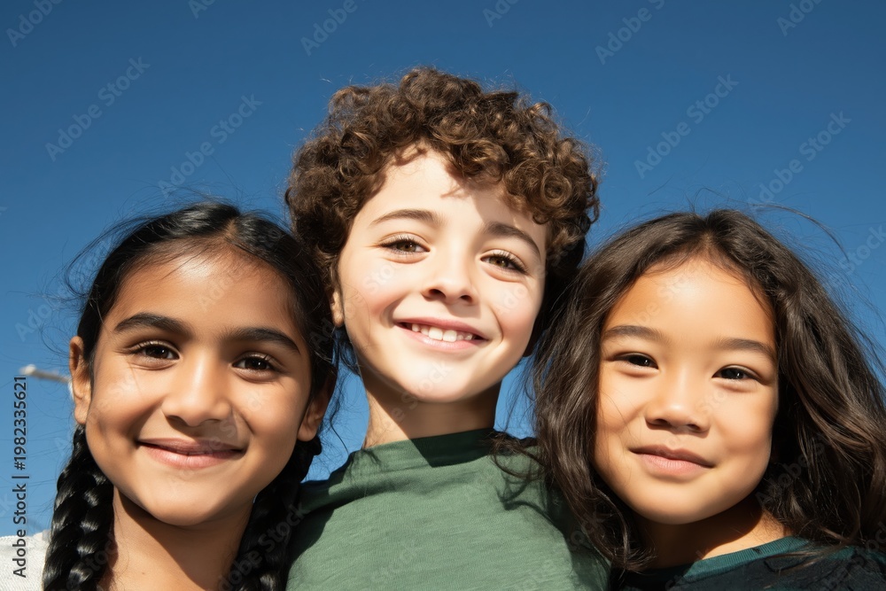 Fototapeta premium Three children grouped together under bright blue sky