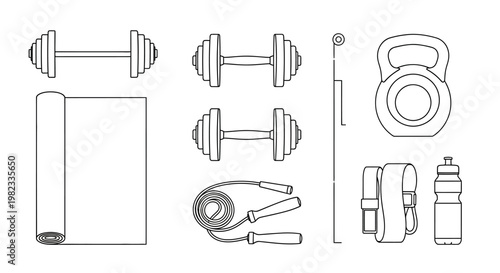 Gym equipment collection dumbbells kettlebell jump rope and exercise accessories