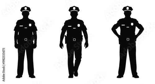 Three silhouetted police officers stand in a row facing forward with hands on hips