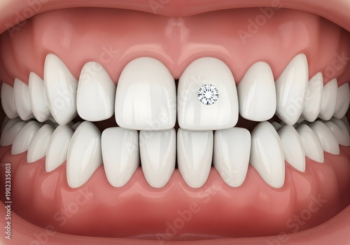 Close up of a set of teeth with a diamond on one of the front teeth in the upper row shown