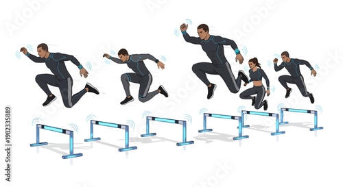 Man jumping over hurdles in motion sequence