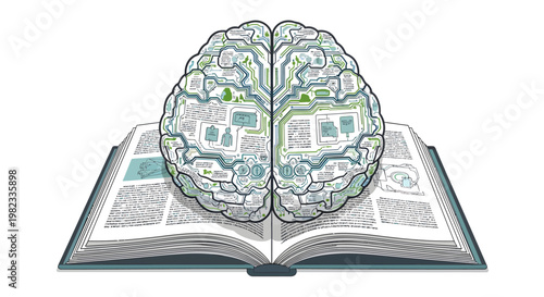 Brain on open book with circuit board pattern inside
