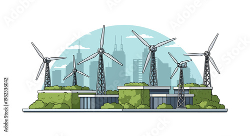 Wind turbines in front of city skyline with green landscape
