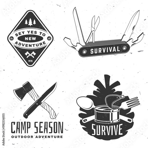 Survival and bushcraft set vector collection with multitool knife axe and camping food outdoor adventure equipment vintage design for t shirt poster sticker isolated background