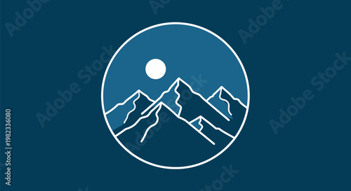Minimalist mountain range icon with a sun in a circular frame.