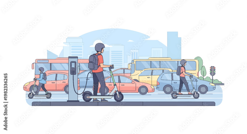 Fototapeta premium City street scene with people riding e-scooters, urban transportation, modern cityscape