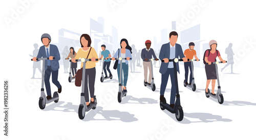 Commuters riding electric scooters in urban setting