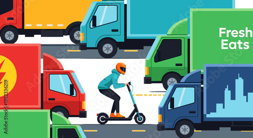 Delivery trucks and scooter rider in urban traffic congestion scene