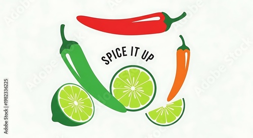 Flat illustration of chili peppers and lime, text “Spice It Up”