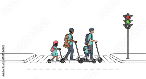 Family riding electric scooters on sidewalk near traffic light