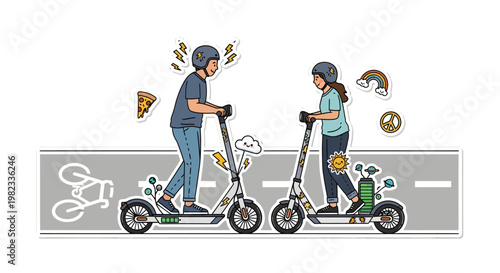 Young couple riding e-scooters on bike lane with food and drink thoughts