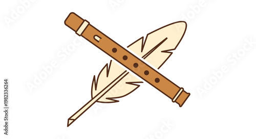 Crossed vintage quill pen and wooden flute illustration.