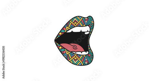 Stylized open mouth illustration with vibrant geometric tribal pattern.