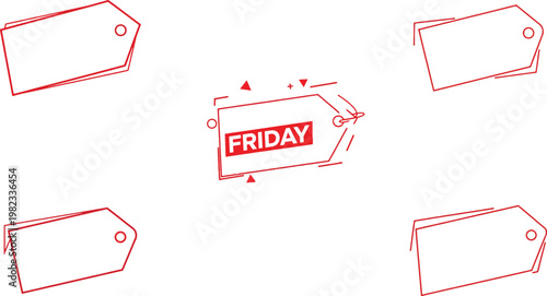 Red price tags, blank labels, Friday discount icons, promotional stickers, sale symbols