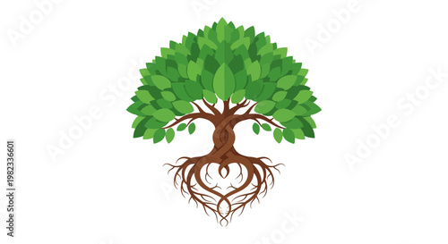 Abstract tree with lush green foliage and heart shaped root system design.