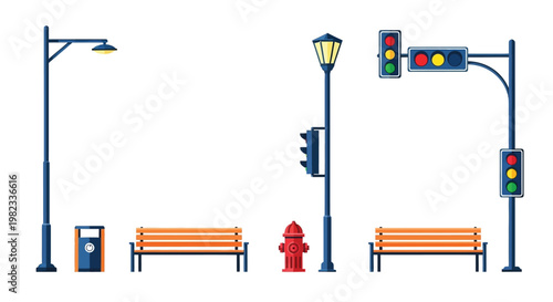 City street elements including lights benches and traffic signals