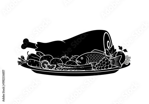 A yummy and tasty black and white illustration of a ham and fish on a platter with vegetables and fruits silhouette for a festive meal