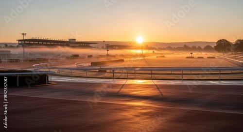 Sunrise over racetrack with mist and warm sunlight casting shadows