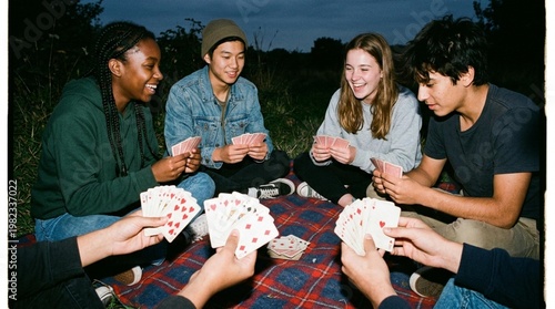 Group of young friends playing cards on a picnic blanket outdoors during twilight, surrounded by grass and trees in a natural setting