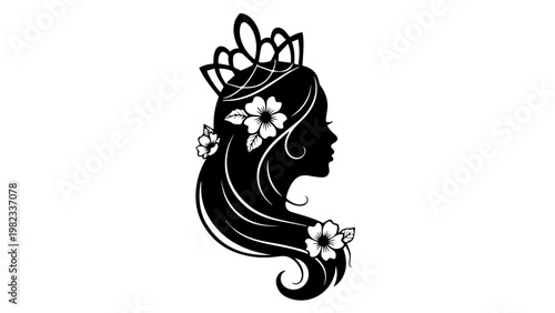 A beautiful woman with a crown and flowers in her hair silhouette