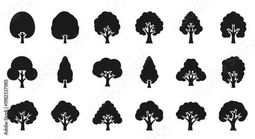 Collection of various tree silhouettes.