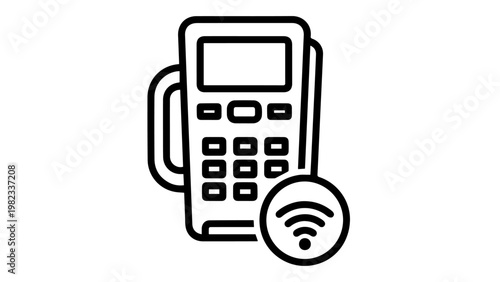 A gray line drawing of a wireless payment terminal with a wifi symbol