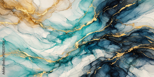 Abstract blue and yellow fabric texture background with cold water waves and a cool liquid surface pattern reflecting light on an old grunge paper wall